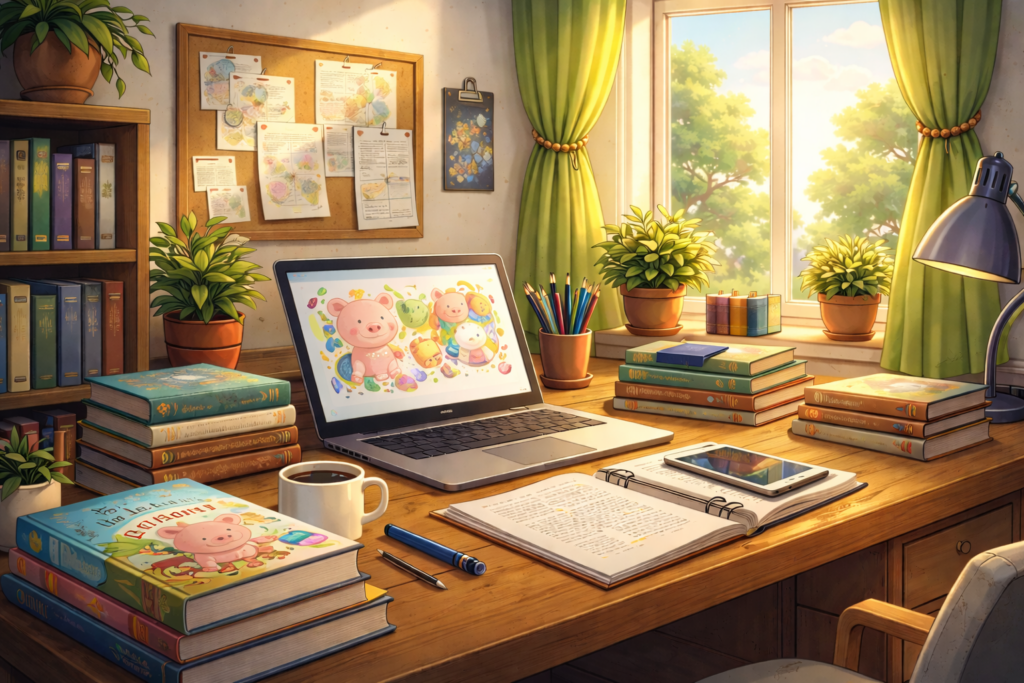 Sunlit publishing studio workspace with books, illustrations, and writing desk
