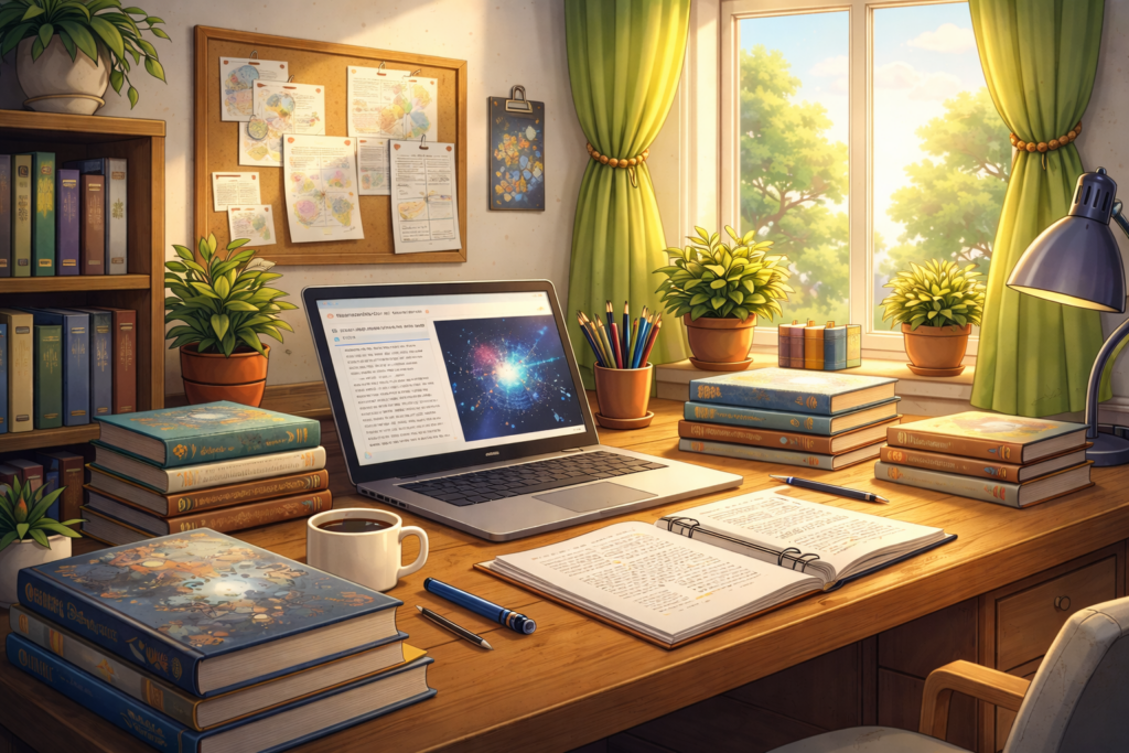 Sunlit publishing studio workspace with books, illustrations, and writing desk